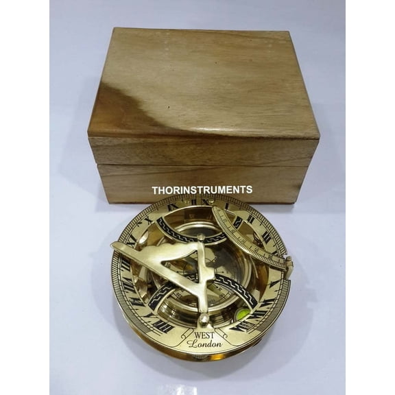 Thor Instruments Nautical Brass West London Sundial Compass With Teak Wooden Box