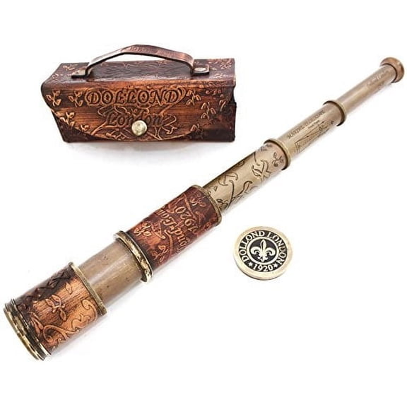 Nautical Handheld Pirate Brass Telescope with Box / Case ,Sailor Home Decor Pirate Captain Boat Toy Gift (14", Dollond)