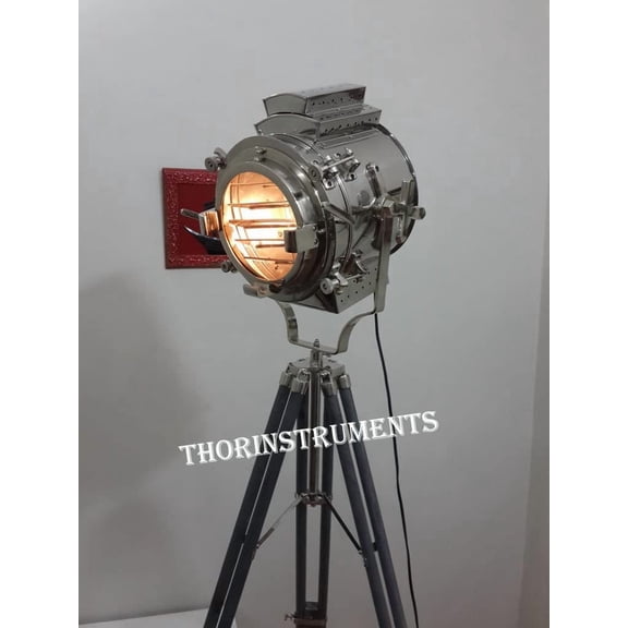Thor Instruments Retro Style Collectible Chrome Spot Light With Grey Wood Stand Tripod Lamp Home Decor Gift