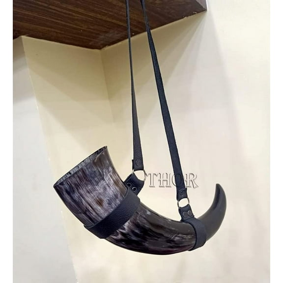 Thor Instruments Royal Viking Drinking Horn Mug with Black Leather Belt Viking Horn for Mead and Beer Handcrafted Viking Horn Cup Rustic Vintage Home Decor Gifts