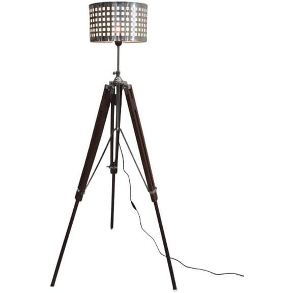 Thor Instruments Unique Lamps Wood Metal Tripod Floor Lamp With Metal Shade Silver