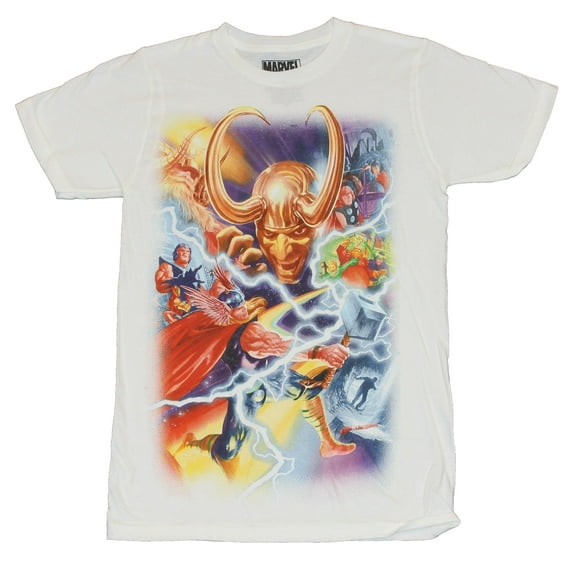 Thor (Marvel Comics) Mens T-Shirt - 75th Anniversary Thor Loki Battle Alex Ross (X-Small)