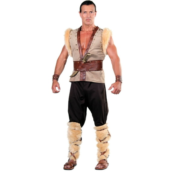Thor Men's Costume Ensemble Features Valboa Fur Top with Vinyl and Fur Trim and Brass Studs Wide Belt Wrist Cuffs Pants and Leg Wraps