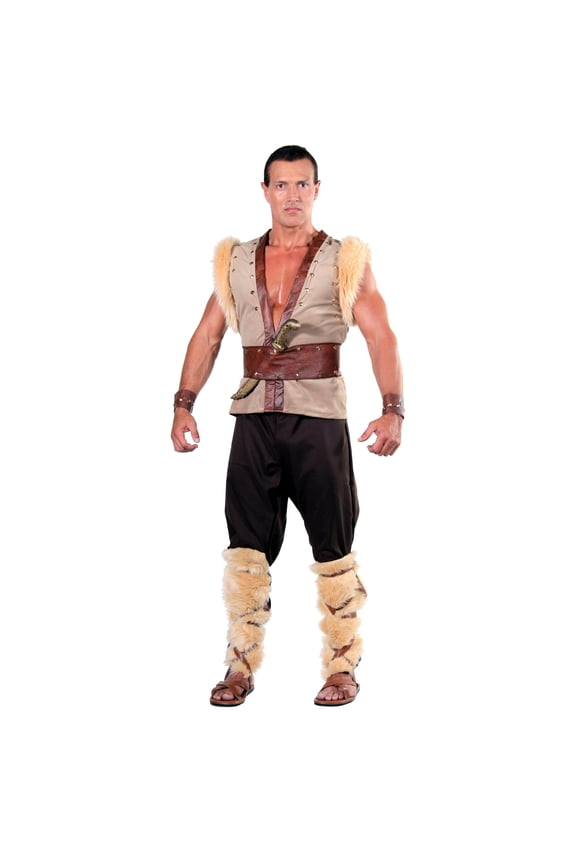 Thor Men's Costume Ensemble Features Valboa Fur Top with Vinyl and Fur Trim and Brass Studs Wide Belt Wrist Cuffs Pants and Leg Wraps