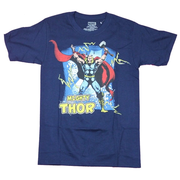 Thor Mens T-Shirt - Mighty Thor Arms Raised Electrified Image With Logo (Large)