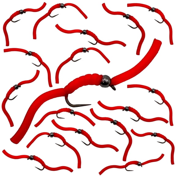 Thor Outdoor 18 Pc Squirmy Wormy Set, Red Size #10-14 - Barbless Wet Worm Fly Fishing Flies for Trout, Panfish, Bass