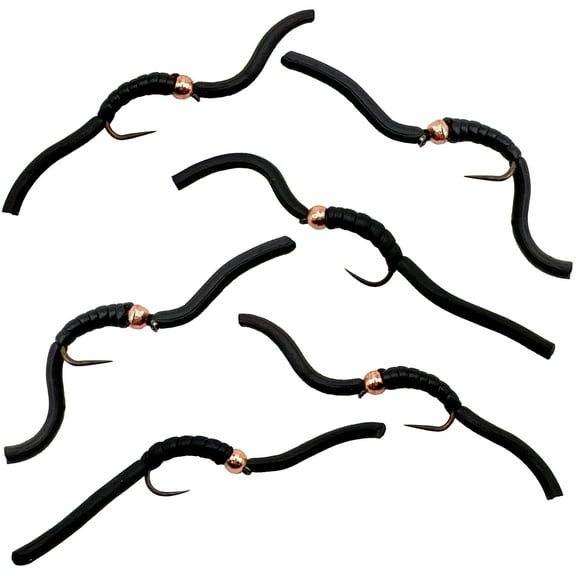 Thor Outdoor 6 Pc Squirmy Wormy Set, Black Size #14 - Barbless Wet Worm Fly Fishing Flies for Trout, Panfish, Bass