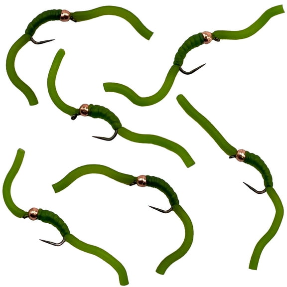 Thor Outdoor 6 Pc Squirmy Wormy Set, Olive Size #10 - Barbless Wet Worm Fly Fishing Flies for Trout, Panfish, Bass