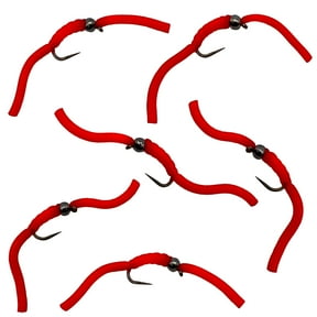 Thor Outdoor 6 Pc Squirmy Wormy Set, Red Size #12 - Barbless Wet Worm Fly Fishing Flies for Trout, Panfish, Bass