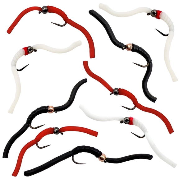Thor Outdoor 9 Pc Squirmy Wormy Set, Red-White-Black Size #14 - Barbless Wet Worm Fly Fishing Flies for Trout, Panfish, Bass