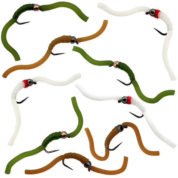 Thor Outdoor 9 Pc Squirmy Wormy Set, Tan-White-Olive Size #14 - Barbless Wet Worm Fly Fishing Flies for Trout, Panfish, Bass