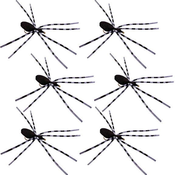 Thor Outdoor Foam Spider Fly Fishing Set – 6 Pc, Black, Small and Leggy, Hook Size #16, Topwater Dry Flies for Bass, Panfish, Trout