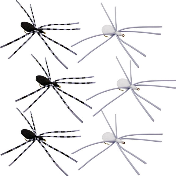 Thor Outdoor Foam Spider Fly Fishing Set – 6 Pc, Black-White, Small and Leggy, Hook Size #16, Topwater Dry Flies for Bass, Panfish, Trout
