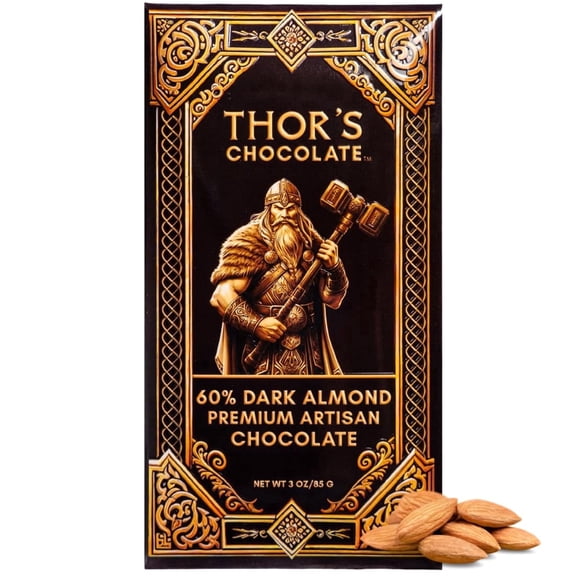 Thor's Chocolate Artisan Dark Chocolate Bar Plus Almonds 60% Cacao (3 oz) Bean to Bar, Small Batch, Ultra Smooth, Handcrafted Luxury Gourmet Chocolate