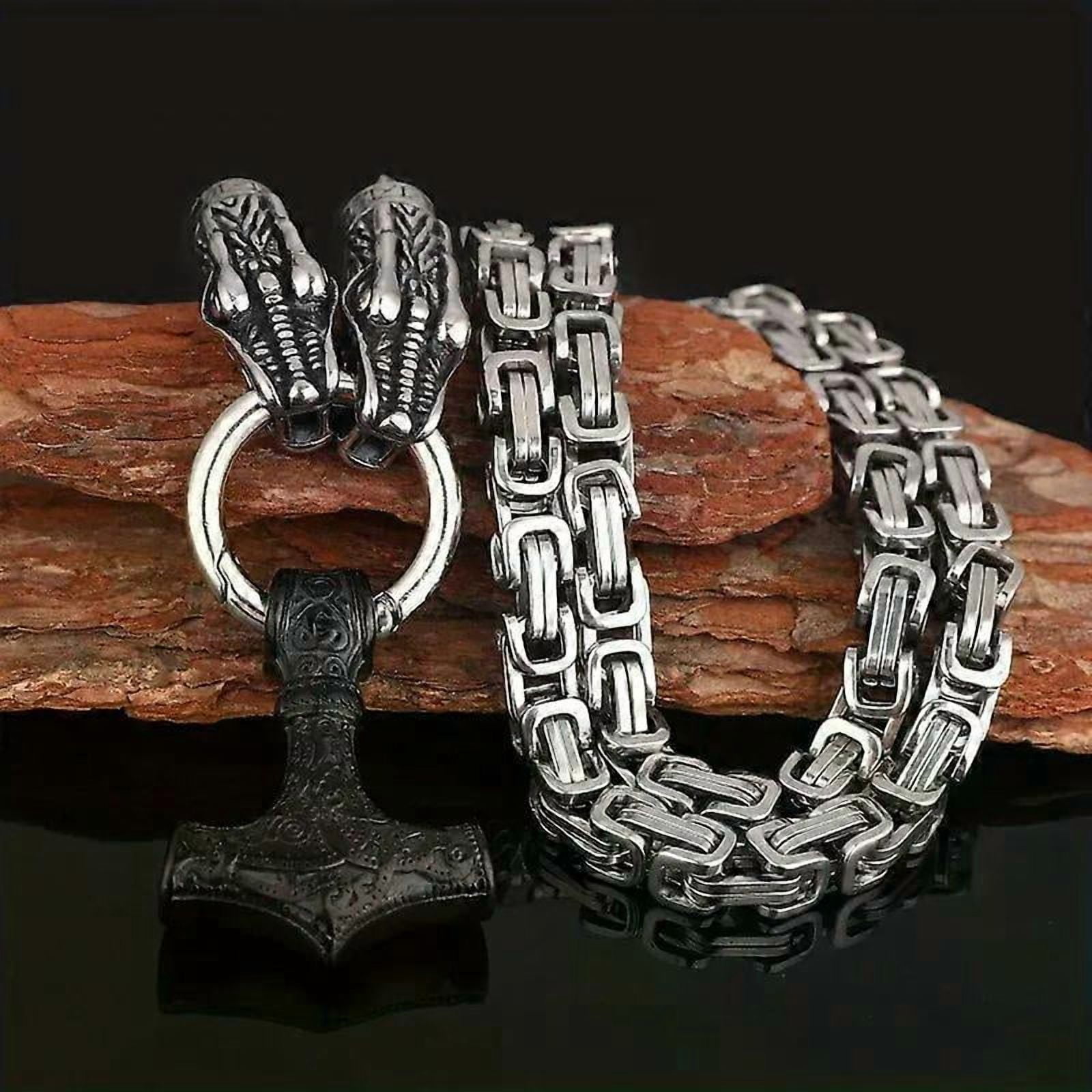 Thor's Hammer Double Dragon Head Pendant Necklace Stainless