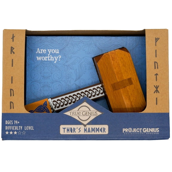 Thor's Hammer Wooden Puzzle, Medium Difficulty, Disassemble and Reassemble this Norse-themed brainteaser based on Thor's famed hammer Mjolnir, Ages 14+