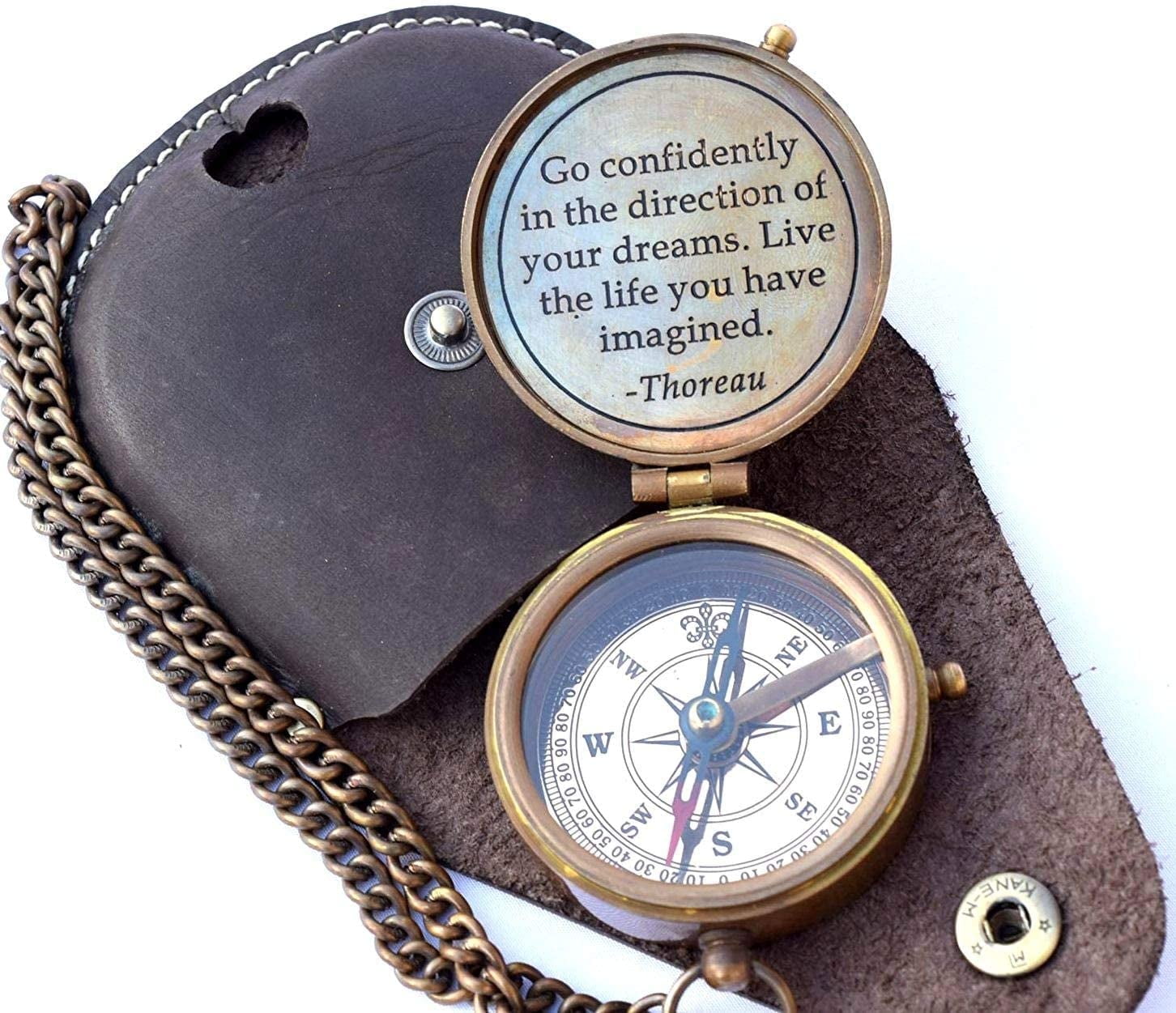 Thoreau's Go Confidently Quote Engraved Nautical Compass with Stamped Leather case, Camping Compass, Boating Compass, Gift Compass, Graduation Day Gifts