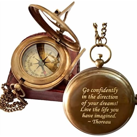 Thoreau's Go Confidently Quote Engraved Sundial Compass with Leather Case, Graduation Gift$$Home Decor, Kitchen, & Other
