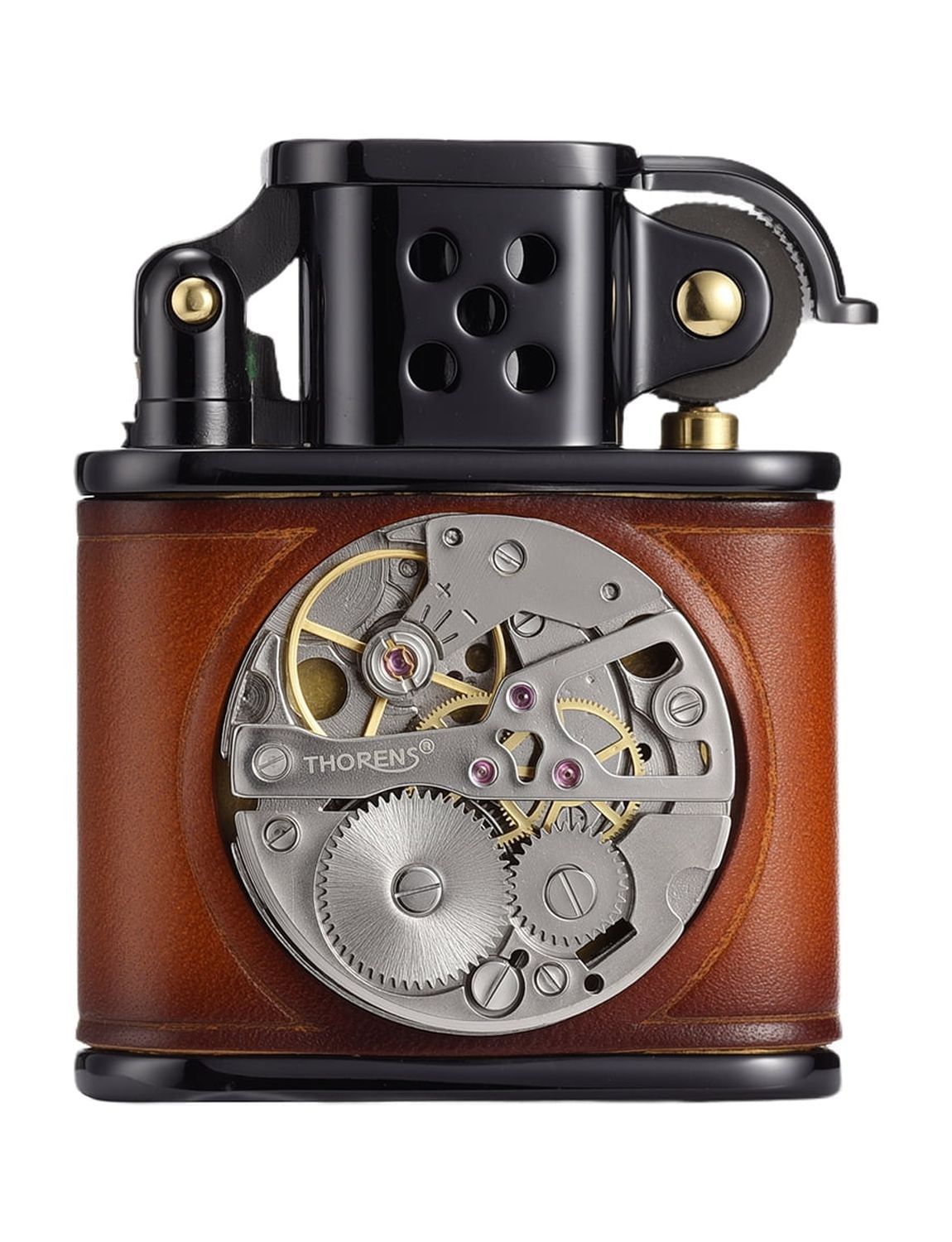 Handmade Cowhide Inlaid Mechanical Movement Swiss Brass Kerosene Lighter, Soft-Flame, Windproof, Vintage, Classic,Grinding Wheel, Complex, Gift for Boyfriend Husband,Thorens Brown and Black