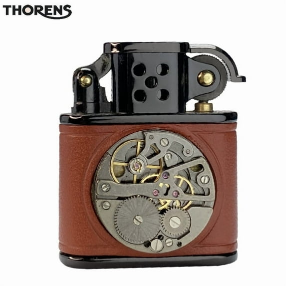 Thorens Inlaid Mechanical Movement Luxury Vintage Handmade Cowhide Lighter,Kerosene Lighter That Lights Cigars,Luxury Gifts For Men,Coffee Color