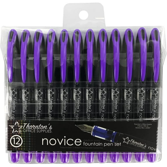 Thornton's Office Supplies Novice Disposable Fountain Pens Pack of 12 Medium Point nib with Purple Ink for Beginners and Experts Convenient & Easy To Use