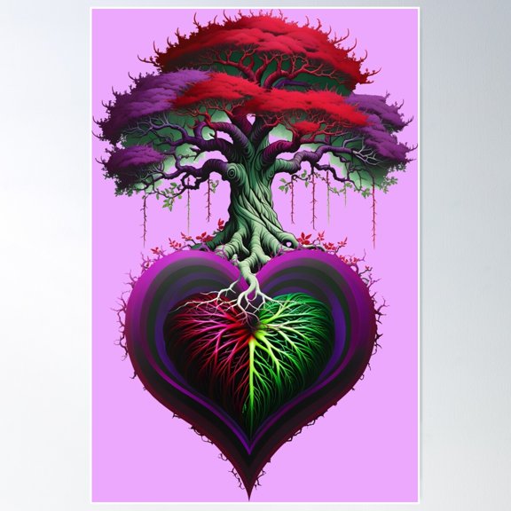 Thorny Heart & Twisted Tree Roots Reds & Purples Poster Wall Art, Modern Wall Decor For Living Room Bedroom, 12x18 UNFRAMED