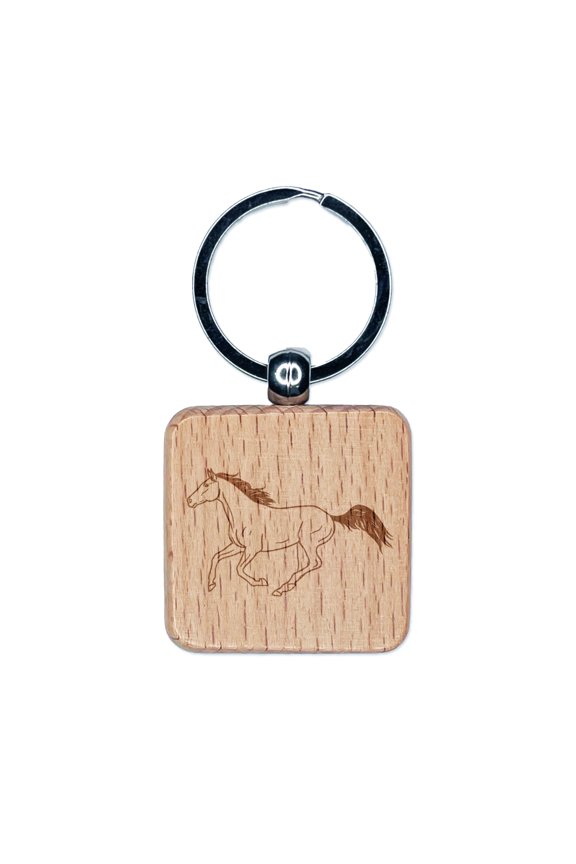 Thoroughbred Race Horse Running Square Keychain Charm Tag - Engraved Wood