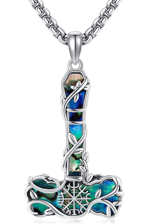 Thors Hammer Necklace 925 Sterling Silver Abalone Shell Mjolnir Amulet Pendant Nordic Jewelry for Women Men