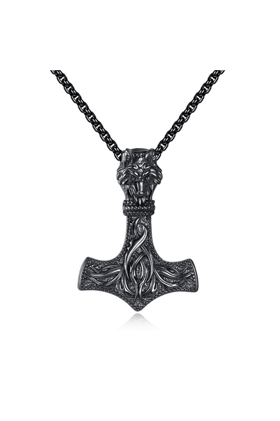 Thors Hammer Necklace 925 Sterling Silver Wolf Head Pendant Viking Jewelry Gifts For Men