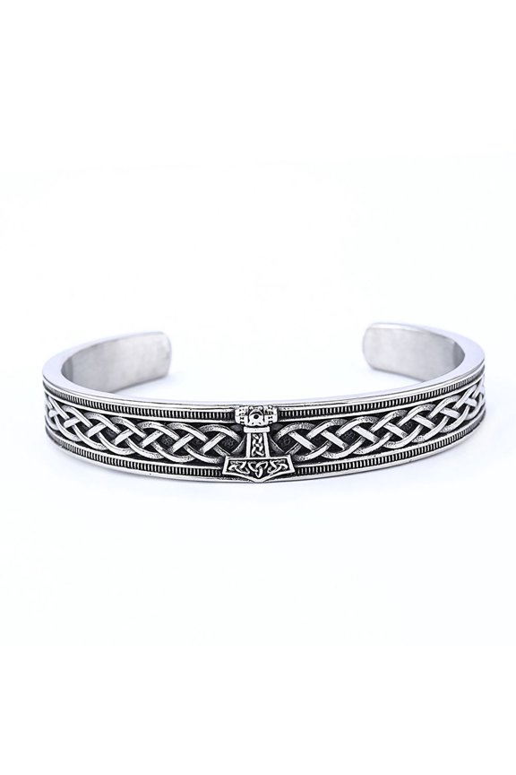 Thors Hammer Viking Bracelet Silver Stainless Steel Norse Mjolnir Cuff Mens Fantasy Forge Jewelry
