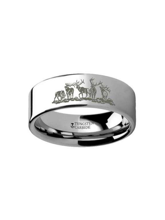 Animal Landscape Scene Five Deer Stag Hunting Ring with wood inlay - Size 5, 10mm
