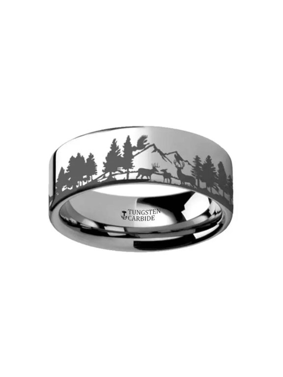 Thorsten Animal Landscape Scene Reindeer Deer Stag Mountain Range Ring Engraved Flat Tungsten Ring - 4mm - 12mm