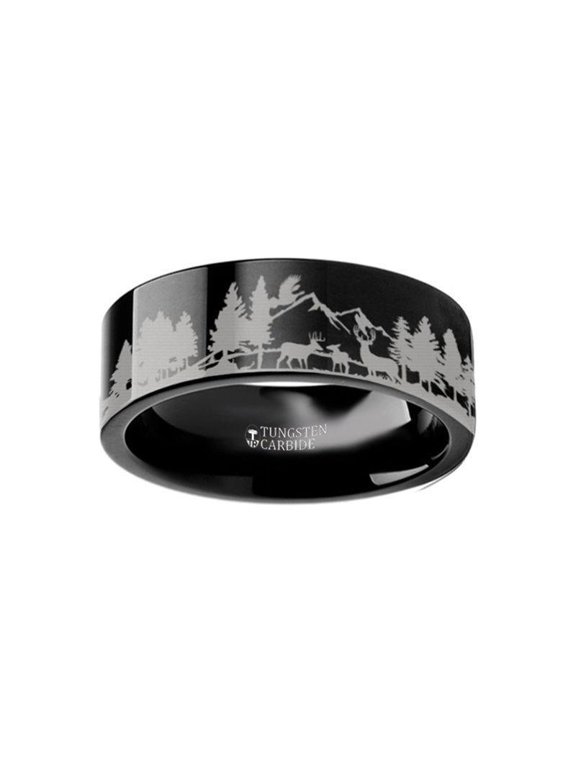 Animal Landscape Scene Reindeer Deer Stag Ring with wood inlay - Size 9, 12mm