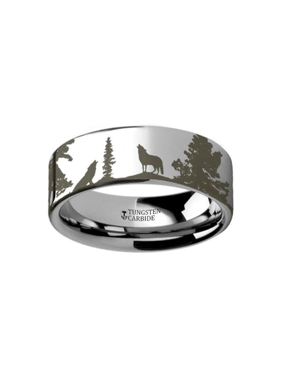 Animal Landscape Scene Wolf Wolves Ring Engraved Flat with wood inlay - Size 9, 6mm
