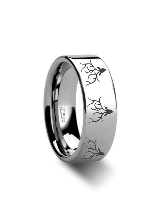 Animal Track Reindeer Deer Stag head Print Ring with wood inlay - Size 5, 10mm