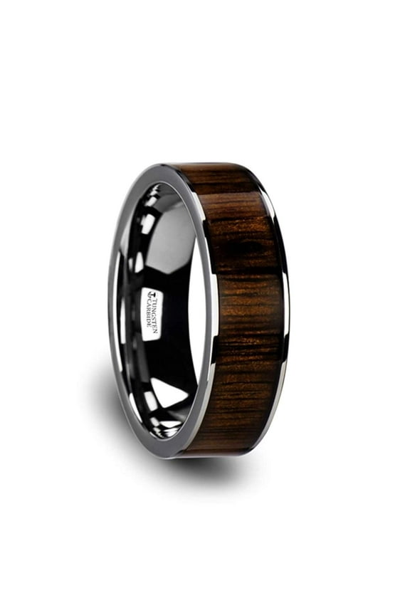 BOKKEN | Tungsten Rings for Men | Tungsten | Comfort Fit | Lifetime Guarantee | Wedding Ring Band with Black Walnut Wood Inlay and Polished Edges - 8mm