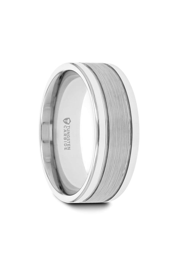 CHRONOS | Tungsten Rings for Men | Tungsten | Comfort Fit | Flat with Offset Grooves Polished Edges Wedding Ring Band Satin Center Inlay - 6mm