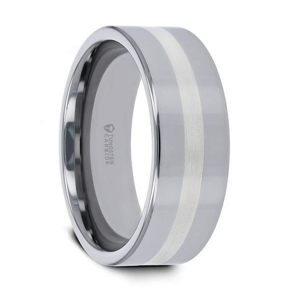 Thorsten CHRONOS | Tungsten Rings for Men | Tungsten | Comfort Fit | Flat with Offset Grooves Polished Edges Wedding Ring Band Satin Center Inlay - 6mm