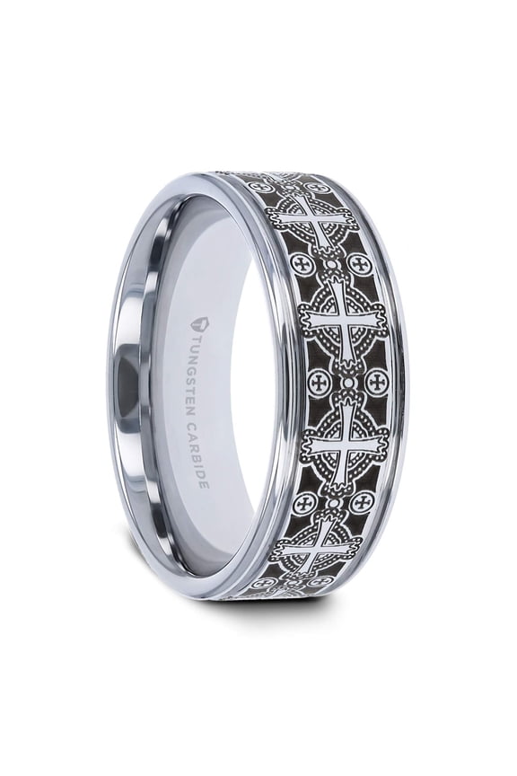 DEACON | Tungsten Rings for Men | Tungsten | Comfort Fit | Flat Grooved Wedding Ring Band with Engraved Intricate Cross Pattern - 8mm