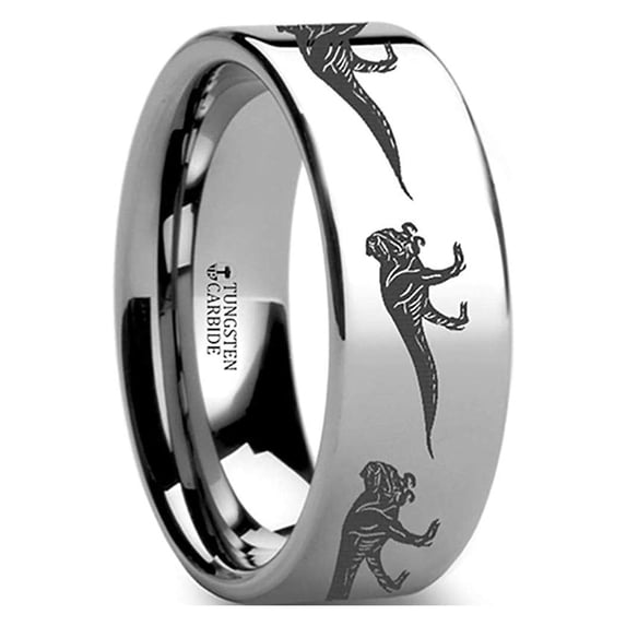Thorsten Dinosaur Ring | Tungsten Rings for Men | Tungsten | Comfort Fit | Custom Engraving | T-Rex Tyrannosaurus Rex Ring Prehistoric Paleo Engraved Flat Tungsten Ring - 8mm