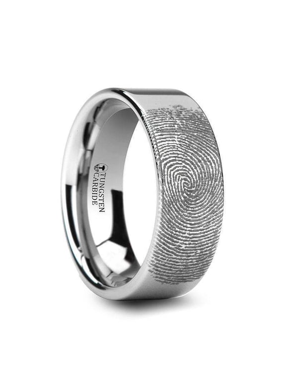 Fingerprint Engraved Flat Pipe Cut Tungsten Ring Size 10.5, 6mm, 6mm Width, Ring Size 10.50