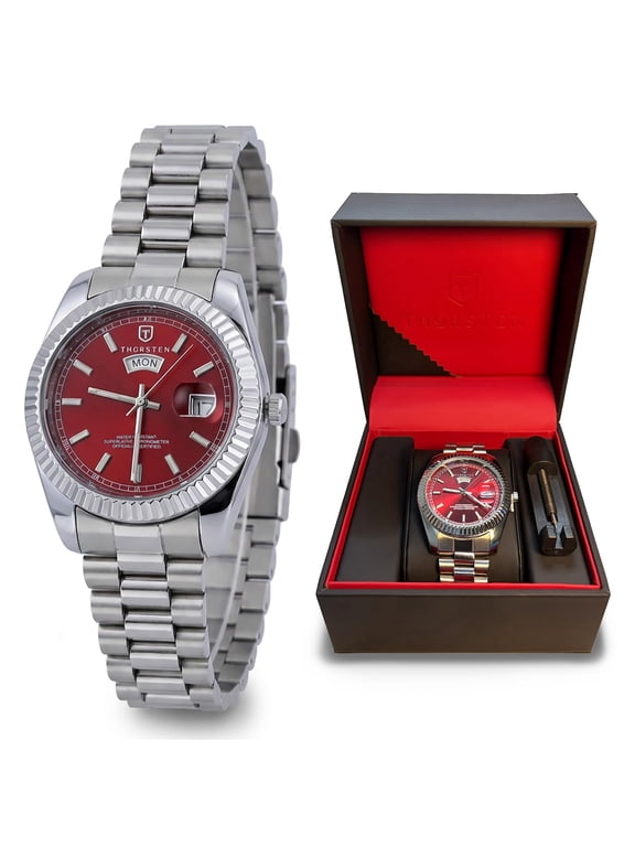 GUIAME Mens Watches – Analog Watch with Red Dial & Silver Band, Unique Watches for Men, 3ATM Waterproof, Dress Watches for Men, 40mm