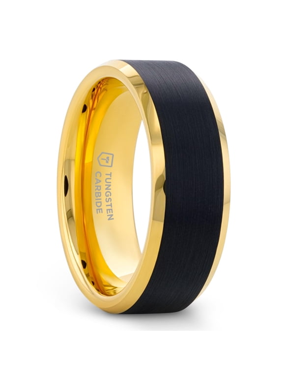 Gaston Gold-Plated Tungsten Men’s Wedding Band, Brushed Black Center, Beveled Edges, 8mm, Size 10