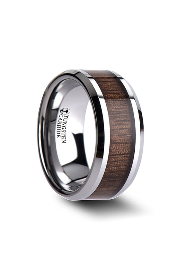 HALIFAX Tungsten Carbide Wedding Band With Bevels And Black Walnut Wood Inlay