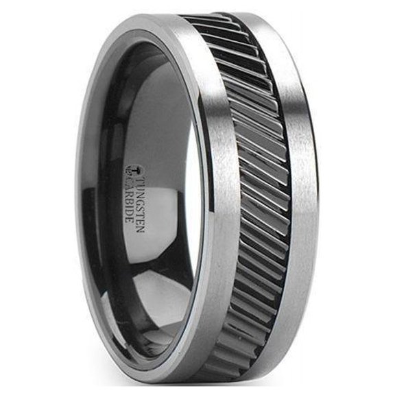 Thorsten HELIX | Tungsten Rings for Men | Tungsten | Comfort Fit | Lifetime Guarantee | Wedding Ring Band with Gear Teeth Pattern Black Ceramic