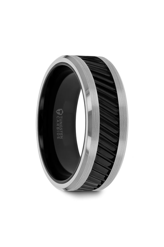HELIX | Tungsten Rings for Men | Tungsten | Comfort Fit | Lifetime Guarantee | Wedding Ring Band with Gear Teeth Pattern Black Ceramic