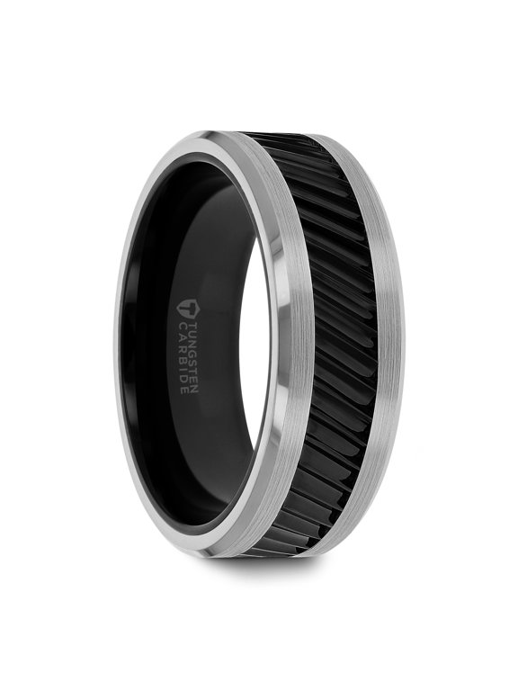 HELIX | Tungsten Rings for Men | Tungsten | Comfort Fit | Lifetime Guarantee | Wedding Ring Band with Gear Teeth Pattern Black Ceramic
