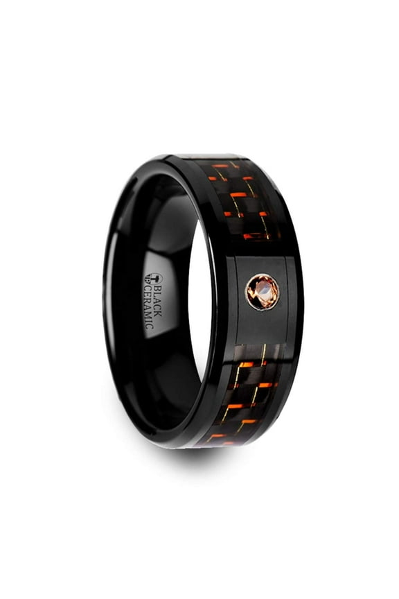 HELSING | Tungsten Rings for Men | Tungsten | Comfort Fit | Lifetime Guarantee | Black Ceramic Wedding Ring Band with Black and Orange Carbon Fiber - 8mm