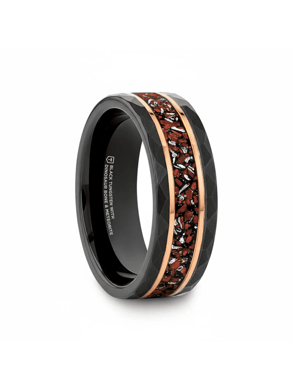 INFERNO Black/Rose Hammered Tungsten Carbide Ring with Dinosaur Bones and Meteorite — 8mm, Size 11.5