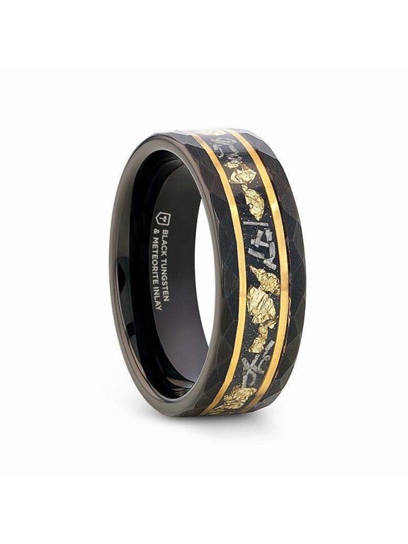 INFINIA Black Tungsten Band with Meteorite Inlay and Gold Flakes — 8mm, Size 13